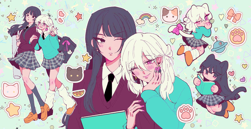 2 full bodies + 2 portraits + 2 chibis + props